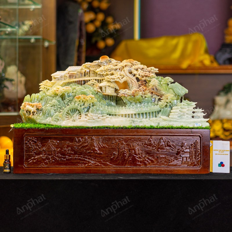 Tượng Bồng Lai Tiên Cảnh làm từ ngọc Serpentine thường được đặt tại phòng khách, văn phòng hoặc phòng làm việc